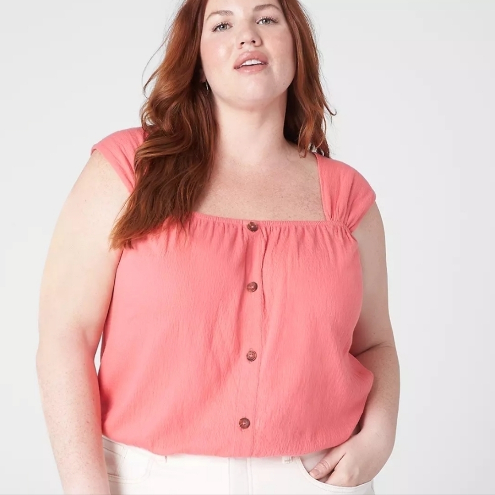 Lane Bryant Coral Relaxed Crop Cap-Sleeve Square-Neck Top Size Women's 22/24